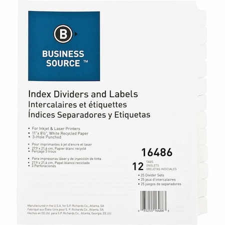 Business Source Index Dividers and Labels, 12 Tabs, 3-Hole Punched, White, PK25 BSN16486